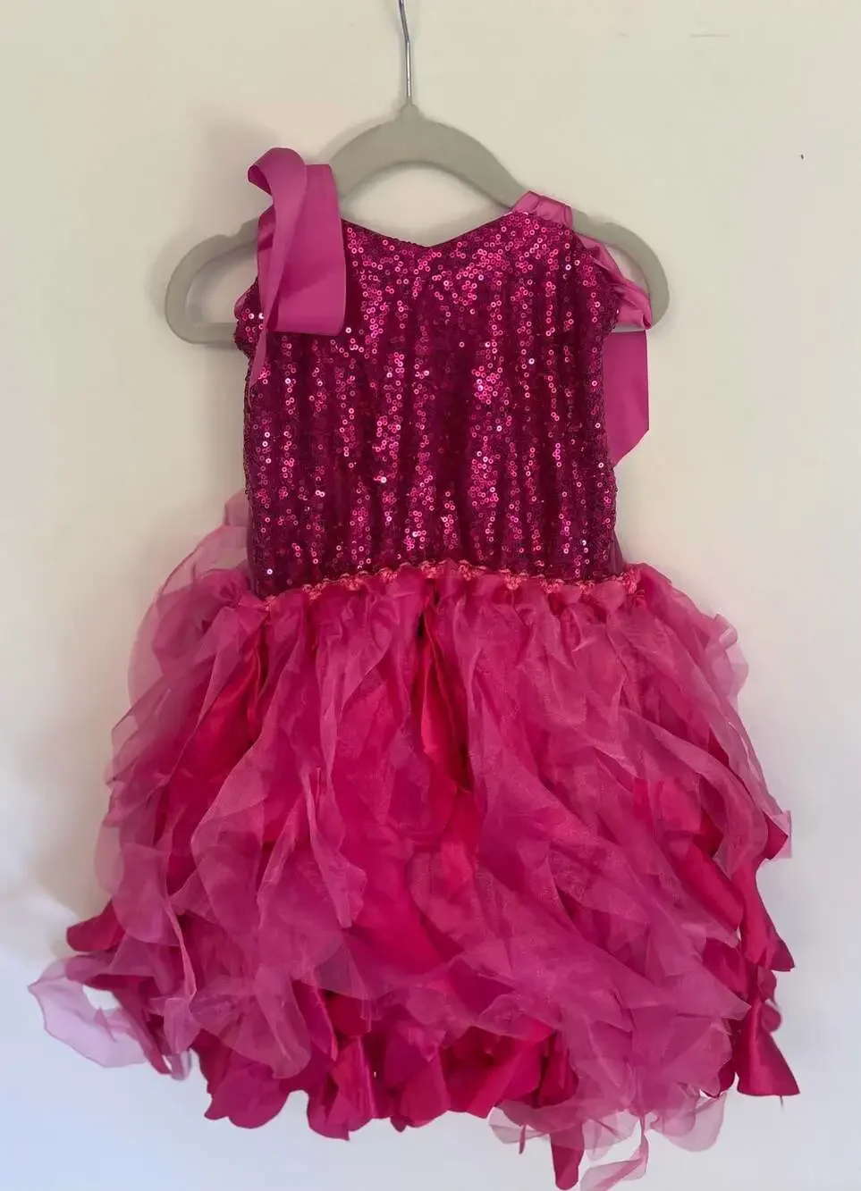 Girls Hot Pink Sequin Spaghetti Strap Ruffle Tulle Tutu Party Dress